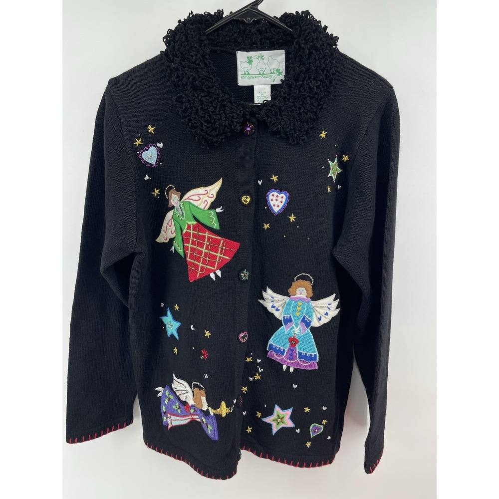 The Quacker Factory Cardigan Women Med Black Angel Embellished Holiday Sweater